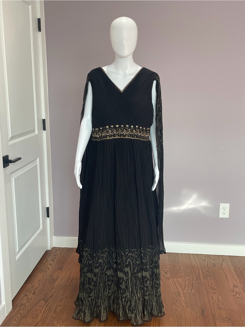 Black V-Neck Pleated Maxi Dress with Gold Embroidered Waist